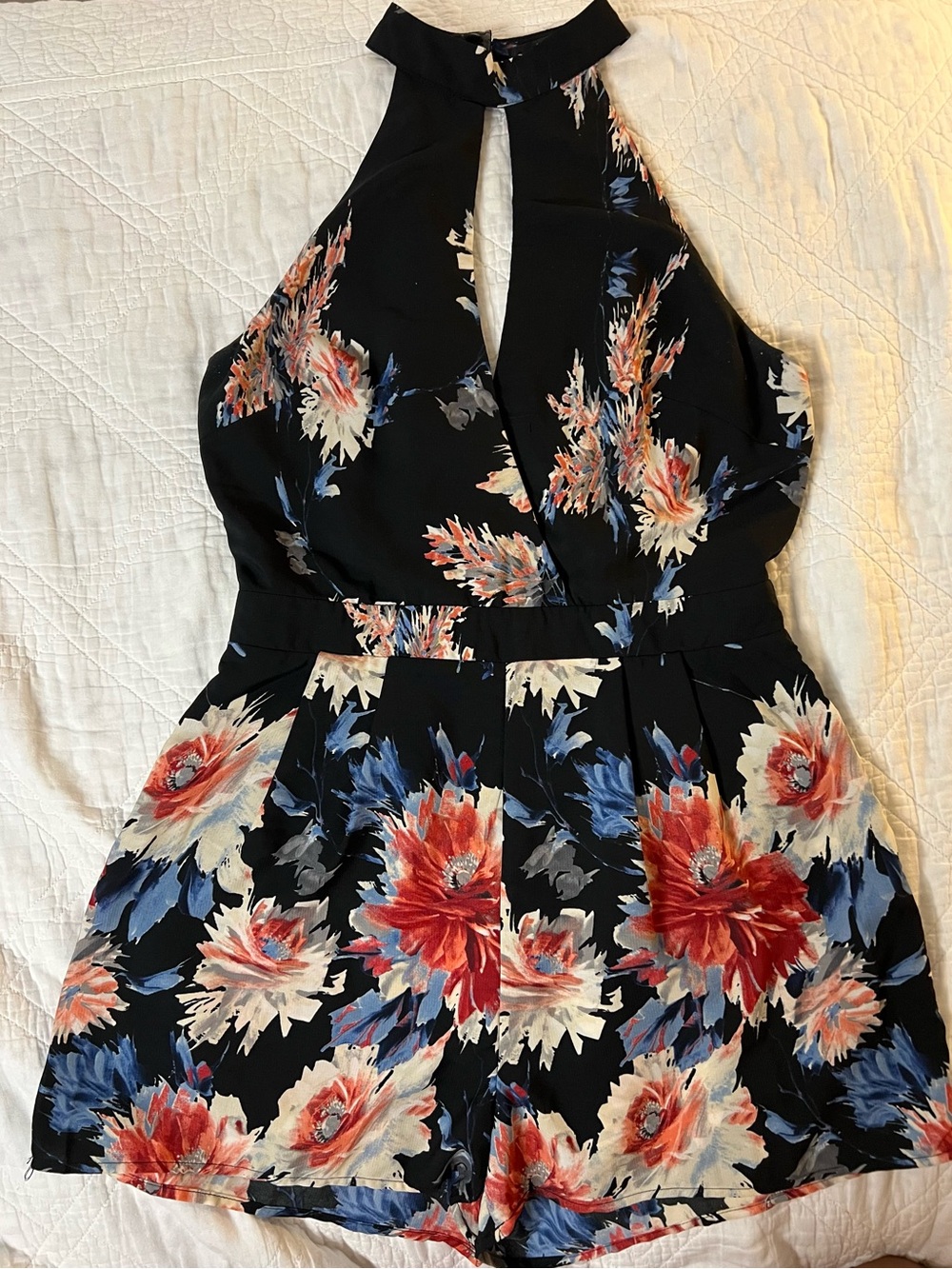 Papaya Black Floral Romper with Red & Blue Blooms